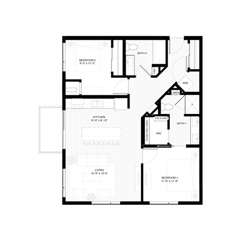 Floor plan for 2 beds, 2 baths, 980 sqft